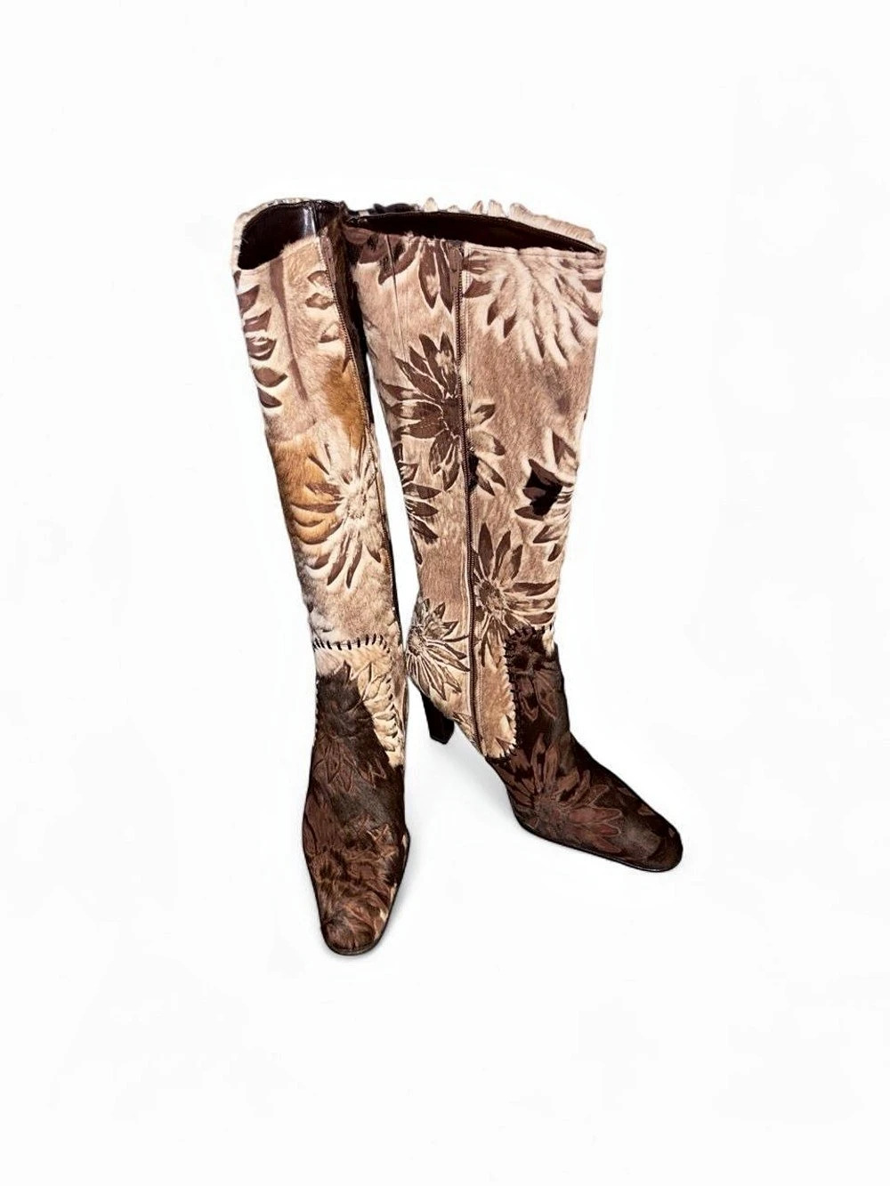 Melian Brown White Pony Hair Suede Floral Print Whipstitch Heeled Knee High Boot